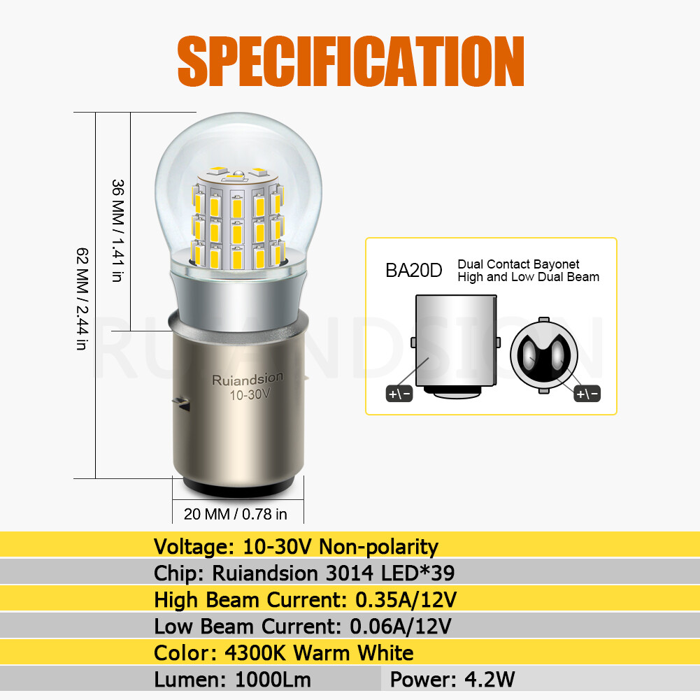Ruiandsion BA20D LED Bulb Motorcycle Headlamp H6 Car DRL Hi Lo Beam 10-30V 4300K