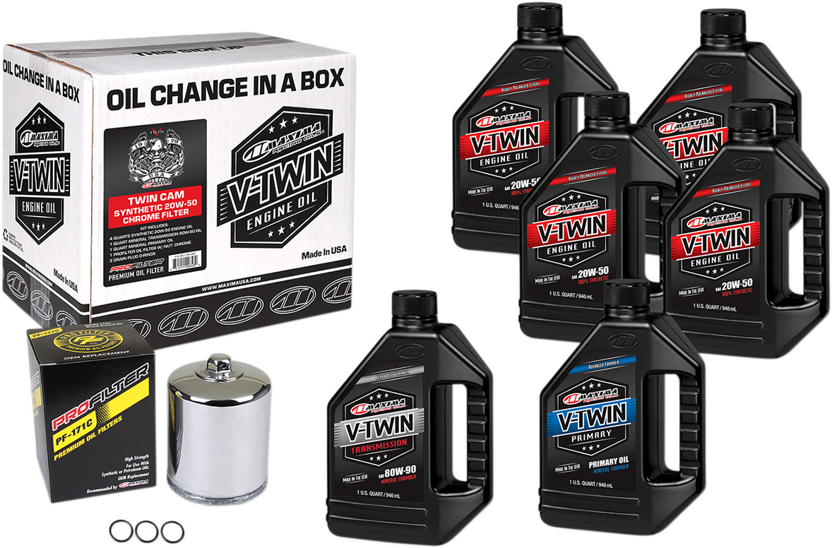 MAXIMA RACING OIL Twin Cam Synthetic 20W-50 Oil Change Kit – Chrome Filter For