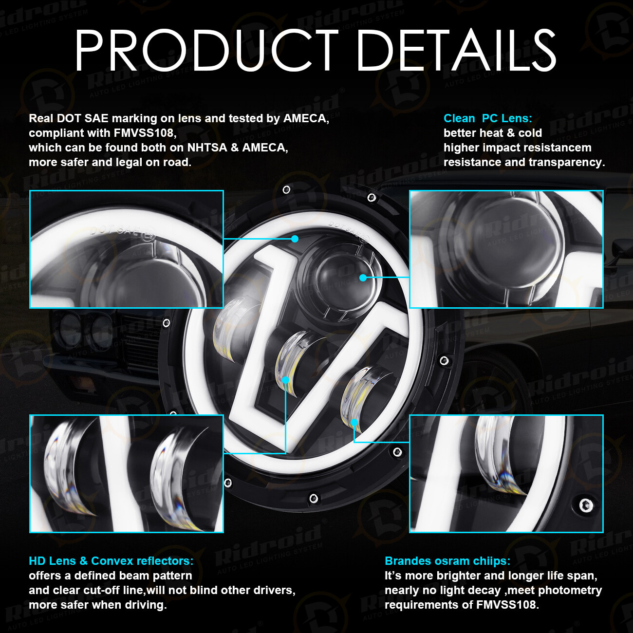 7″ inch Motorcycle Halo Ring LED Headlight Projector For Yamaha Honda Harley