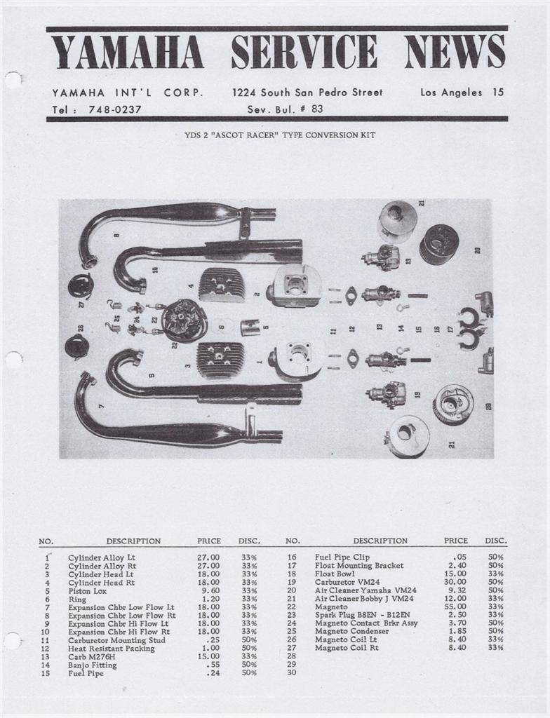 1963 Yamaha TD1A YDS2 Ascot Racer factory service notes, 12 pages of PHOTOCOPIES