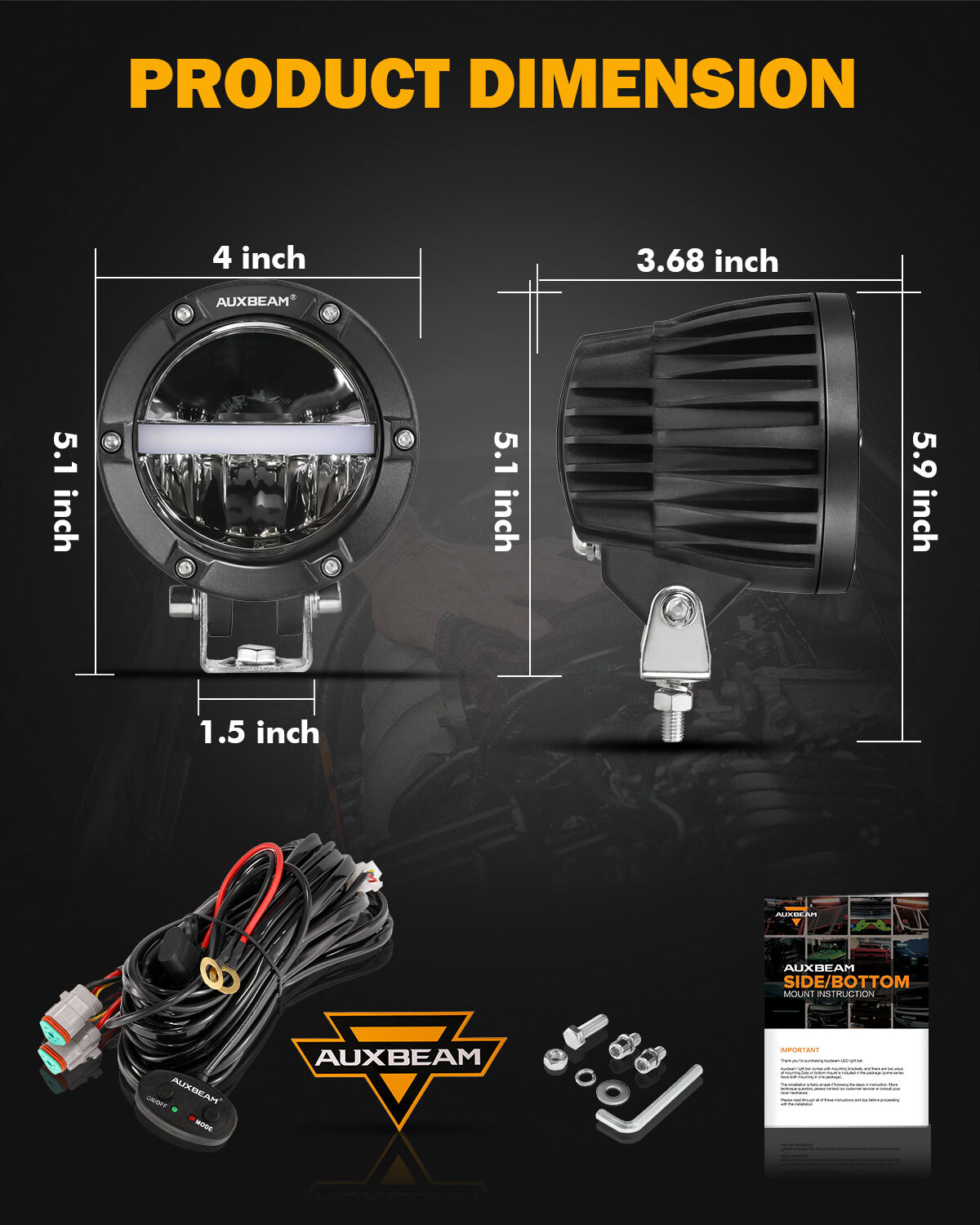 AUXBEAM Motorcycle 4″ LED Driving Work Lights Pods Hi-Lo Auxiliary Pods & Cover