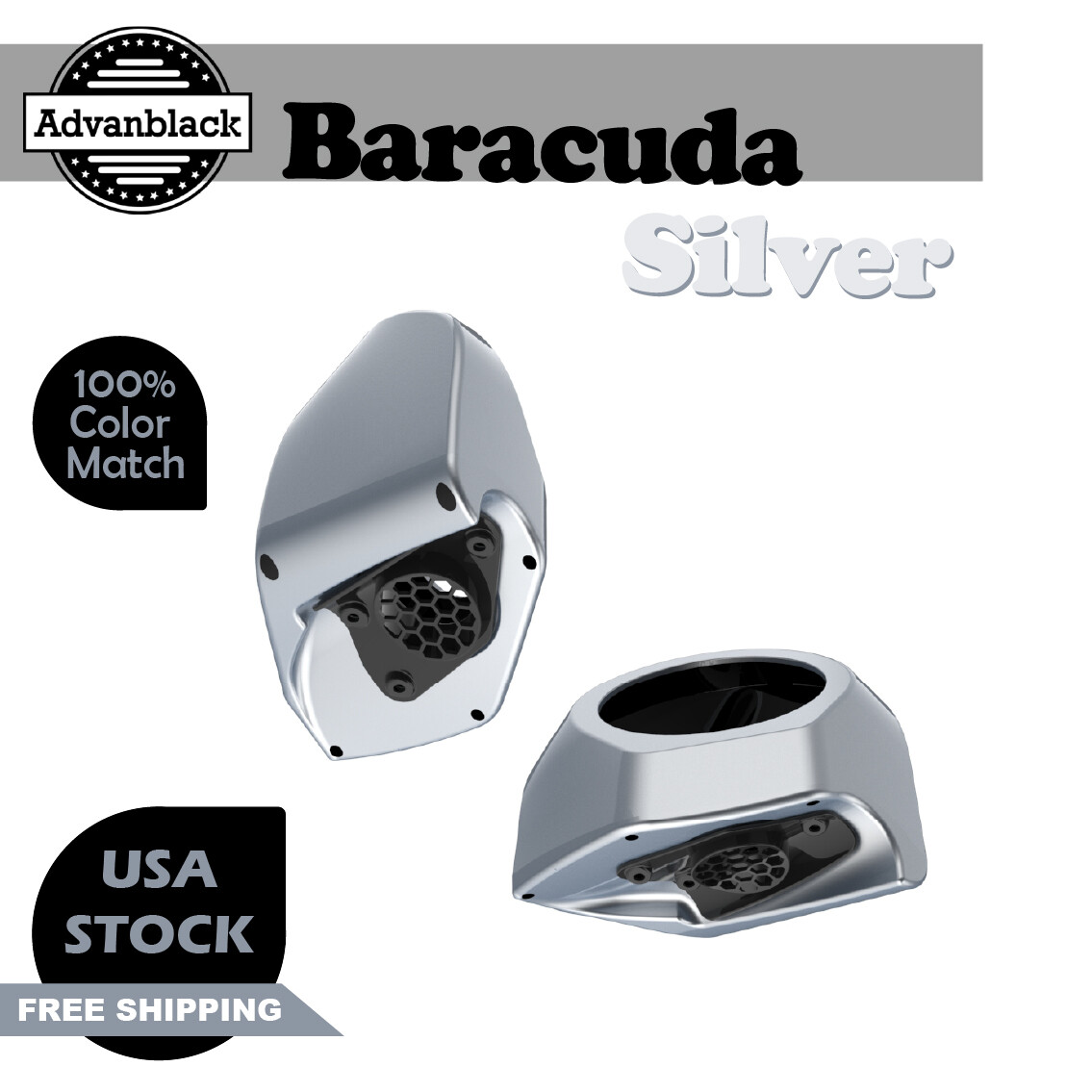Advanblack 6.5 inches Speaker Pods BARRACUDA SILVER Fits Harley King Tour Pack