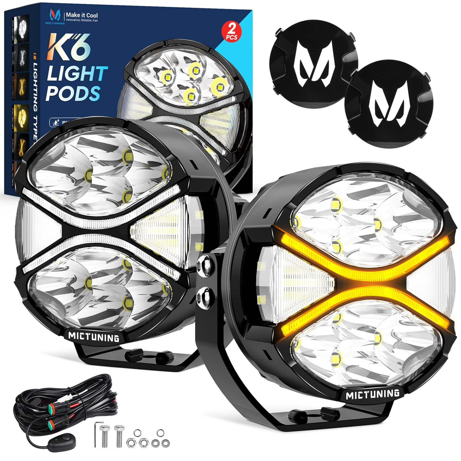 MICTUNING 2×4″ 160W LED Light Bar Driving Pods Amber Turn Signal +Wire Harness