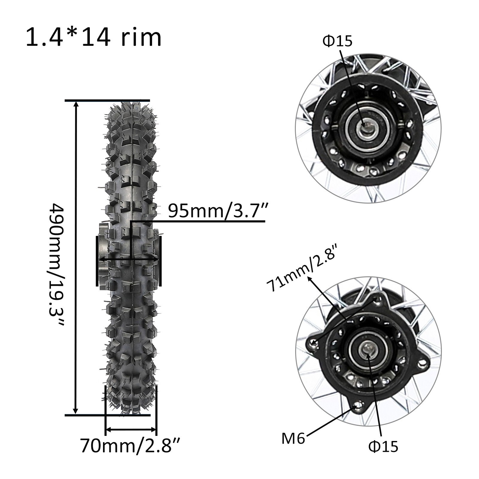 Front 80/100-12+Rear 60/100-14 Tire Rim 15mm Pit Bike SSR CRF70 TTR90 kLX110