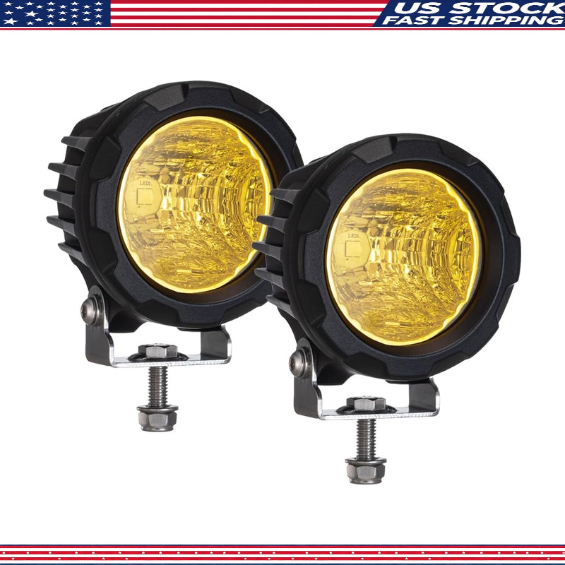3.4 Round Motorcycle LED Fog Light Pods, Amber Long Range Flood Beam, Die-Cast A