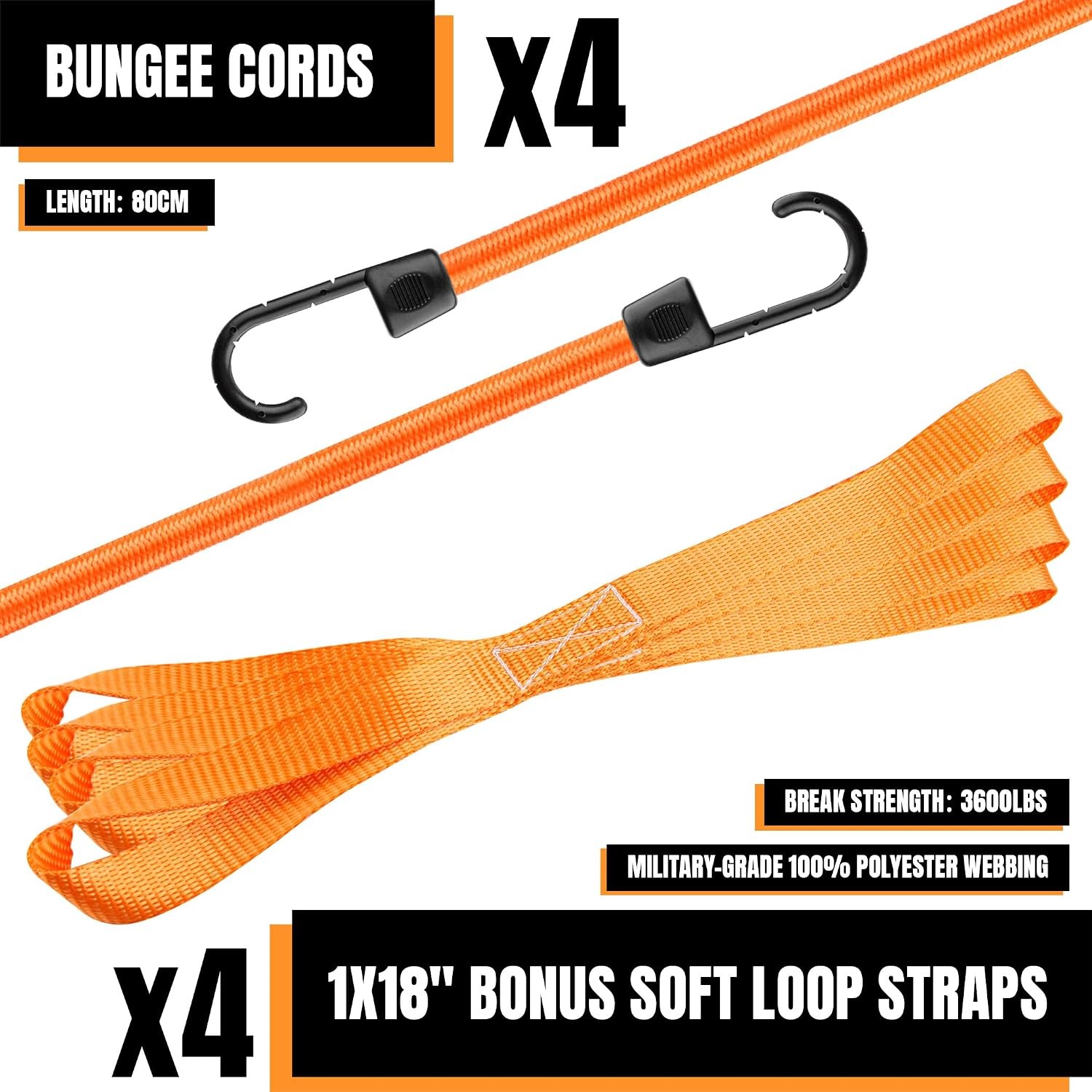 4-Pack 1×15 ft Ratchet Tie-Down Straps S-Hooks, Orange 1500 lb Capacity, Include