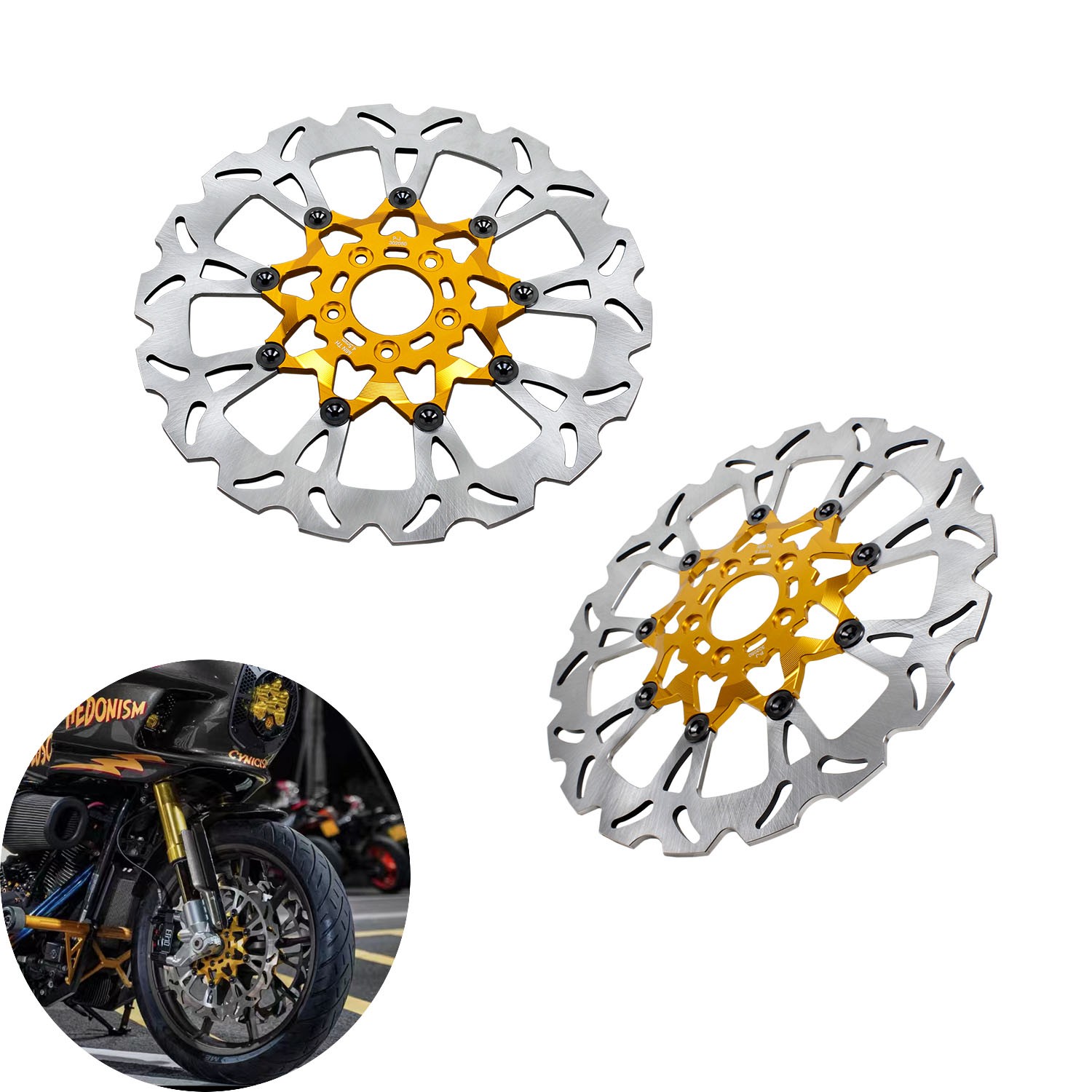 Gold 14″ Floating Front Brake Rotor W/ Caliper Bracket for Harley 09-up Touring