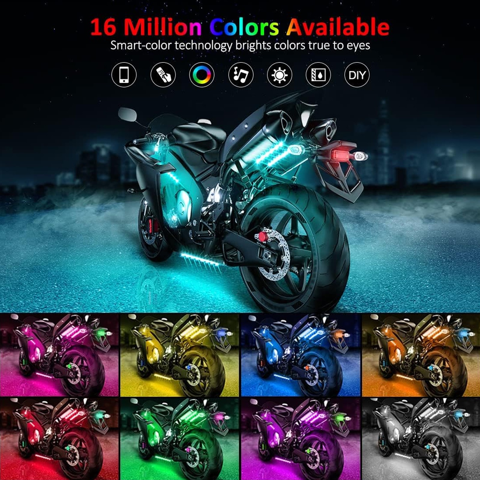12pcs Motorcycle Underglow Neon Atmosphere Glow Light Strip Kit Control RGB APP
