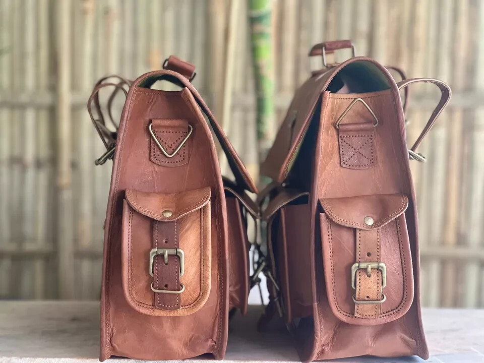 Large Leather Motorcycle Saddle Bags Two Brown Side Pouch Panniers 15X11 Inches