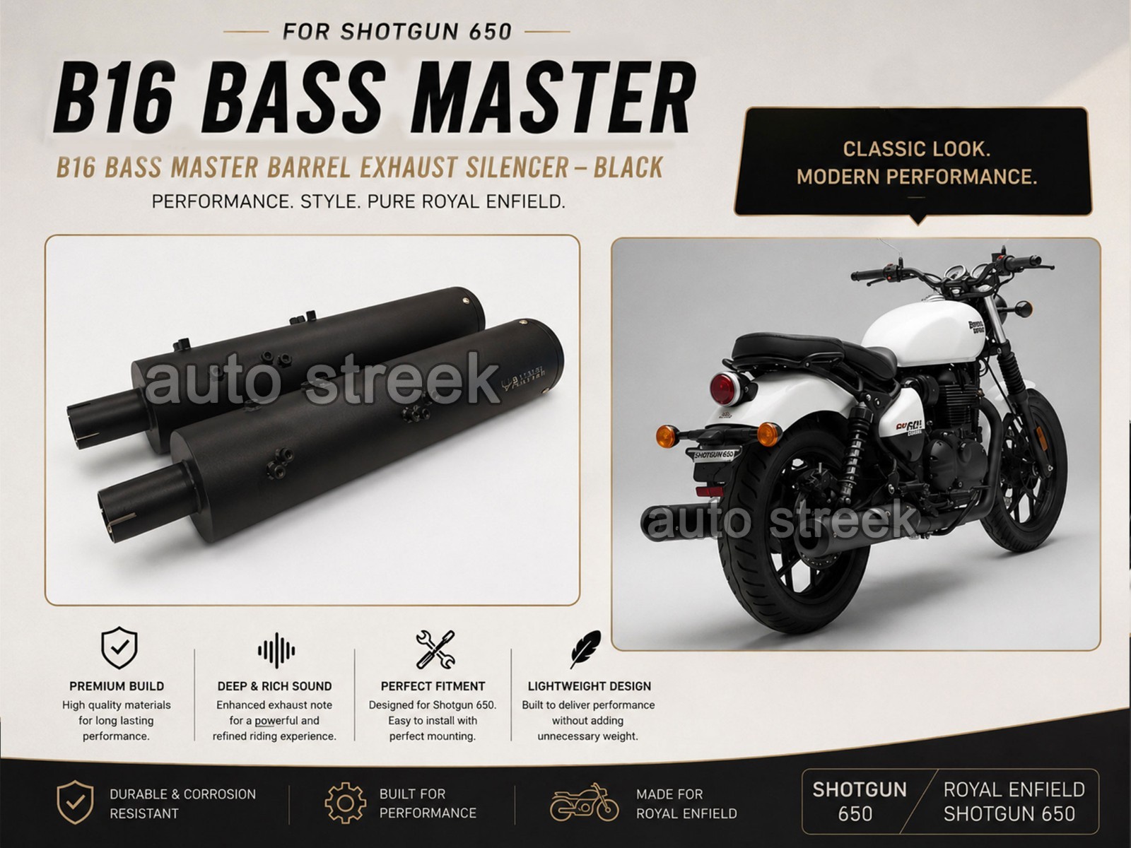 FOR ROYAL ENFIELD SHOTGUN 650 B16 BASS MASTER BARREL EXHAUST SILENCER BLACK