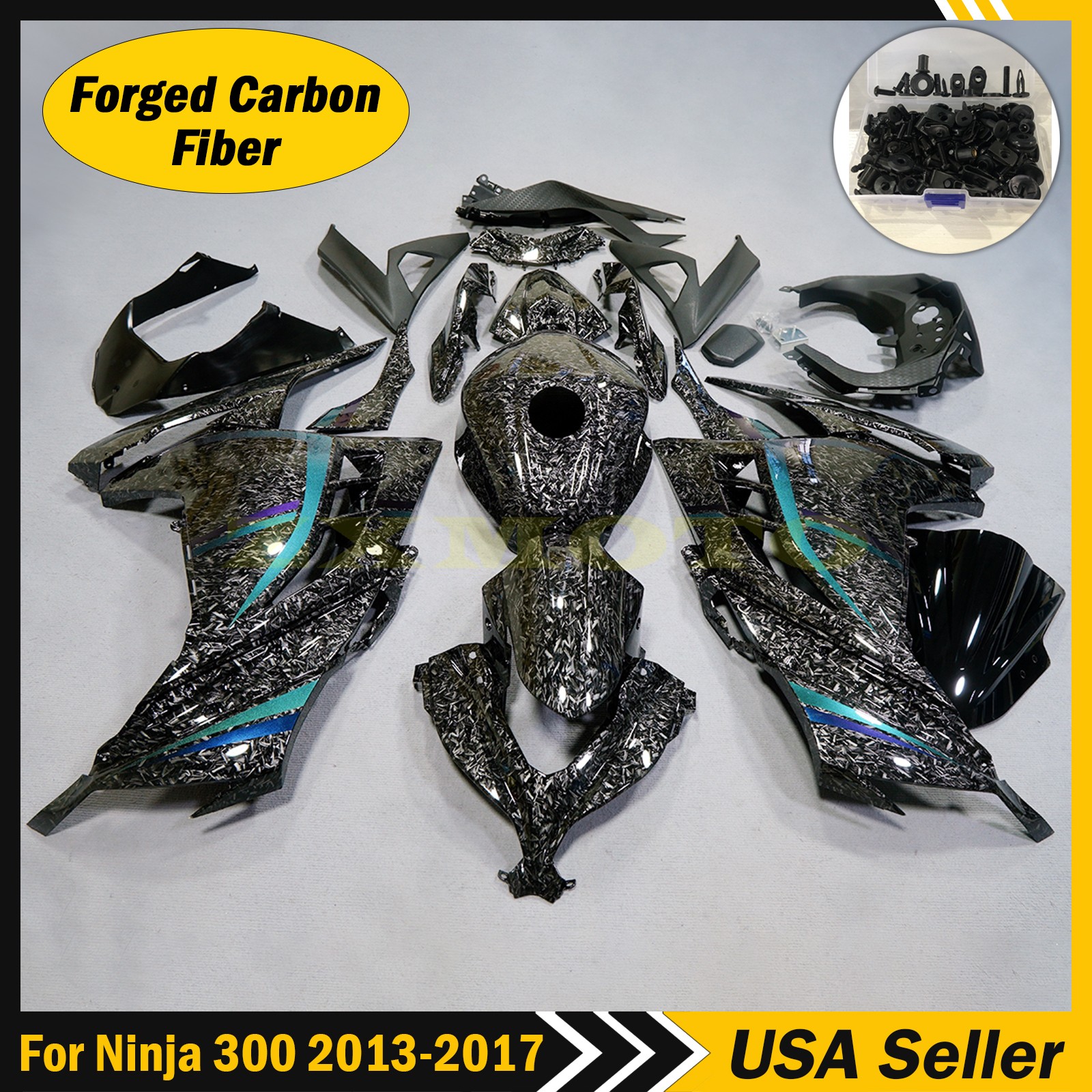 Black Forged Carbon Fiber Fairing Kit +Bolts For Kawasaki Ninja 300 2013-2017
