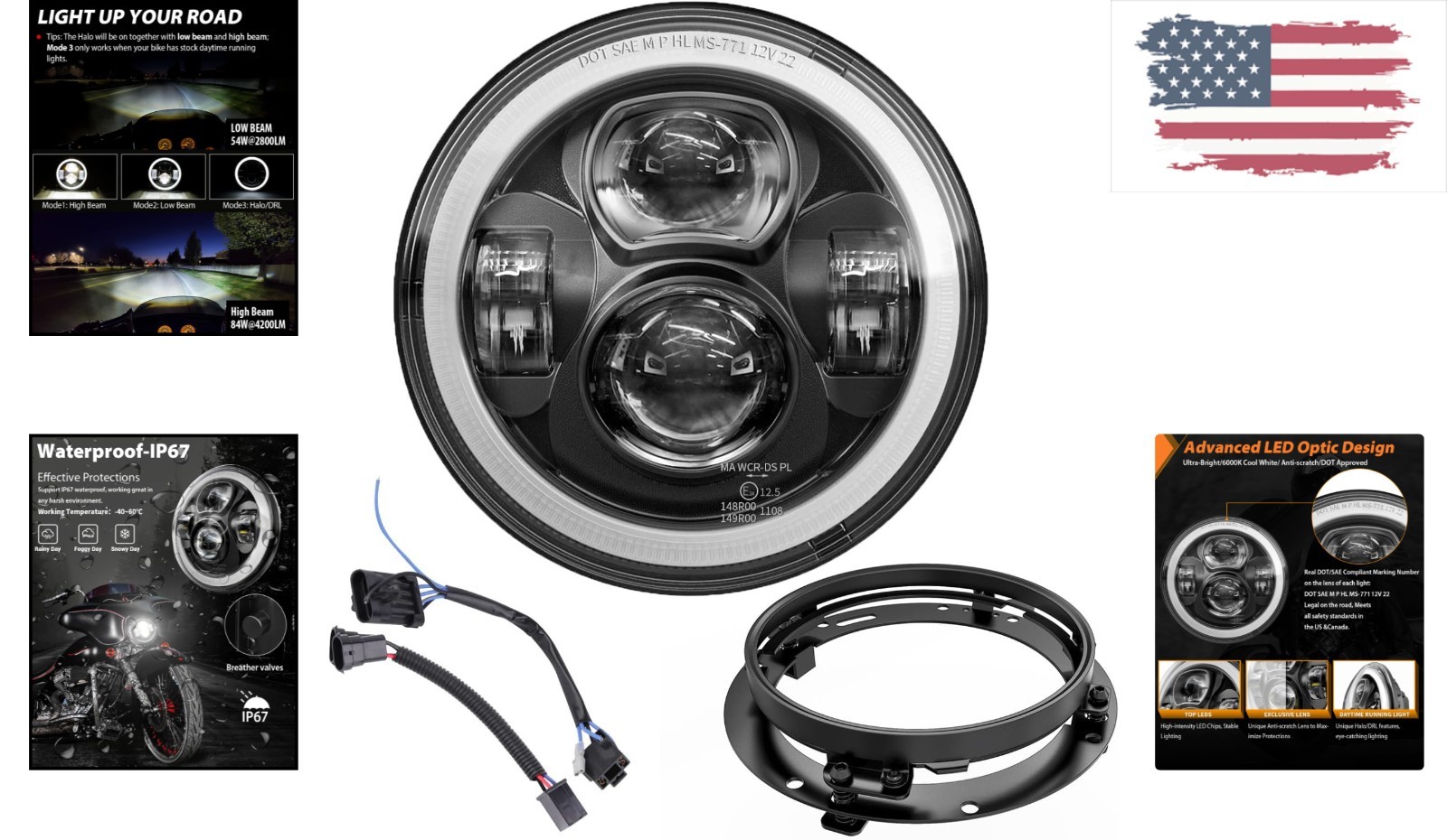 Superior 7 Inch LED Headlight for Harley & Yamaha with Waterproof Halo Design