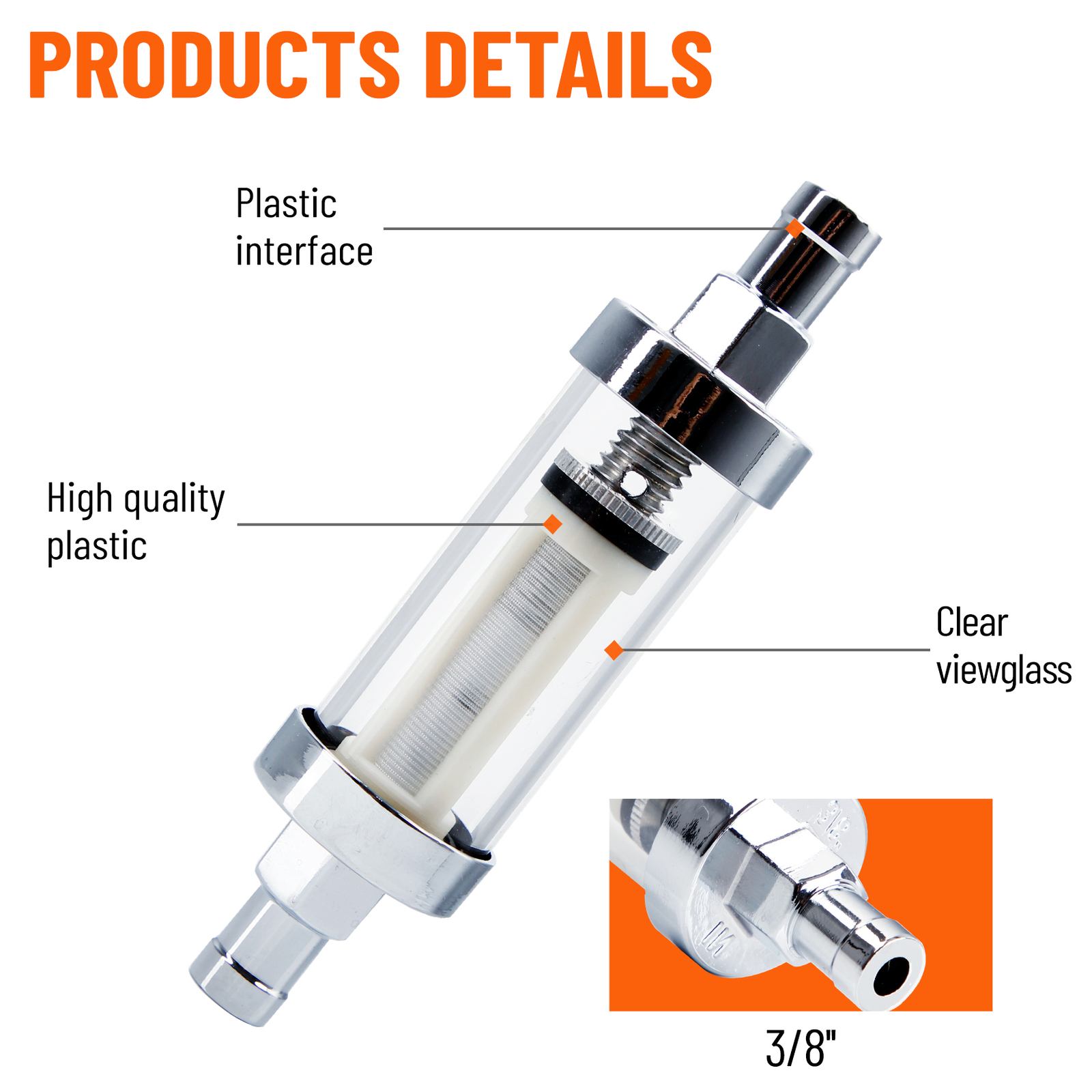 Universal Chrome & Glass Fuel Filter 3/8 in./1/4 in./5/16 in. ID Hose max 10 Psi