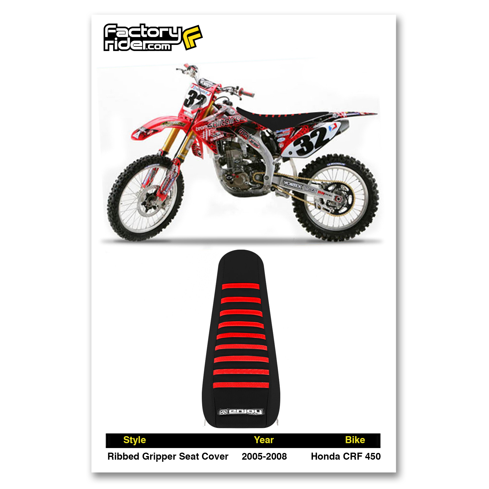 2005-2008 HONDA CRF 450 SEAT COVER by Enjoy MFG ALL BLACK w/ RED RIBS #54