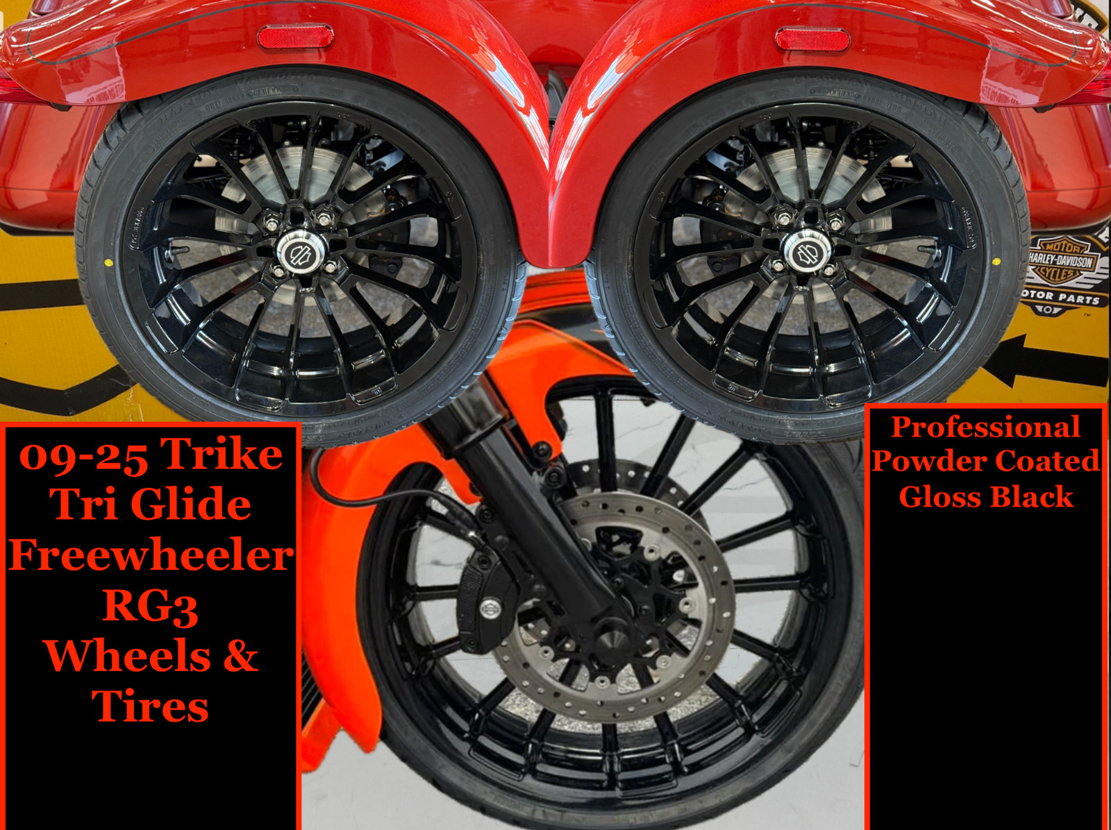 09-25 Harley Trike Wheels 19″ Front 18″ Rear Wheels & Tires Powder Coated Black1