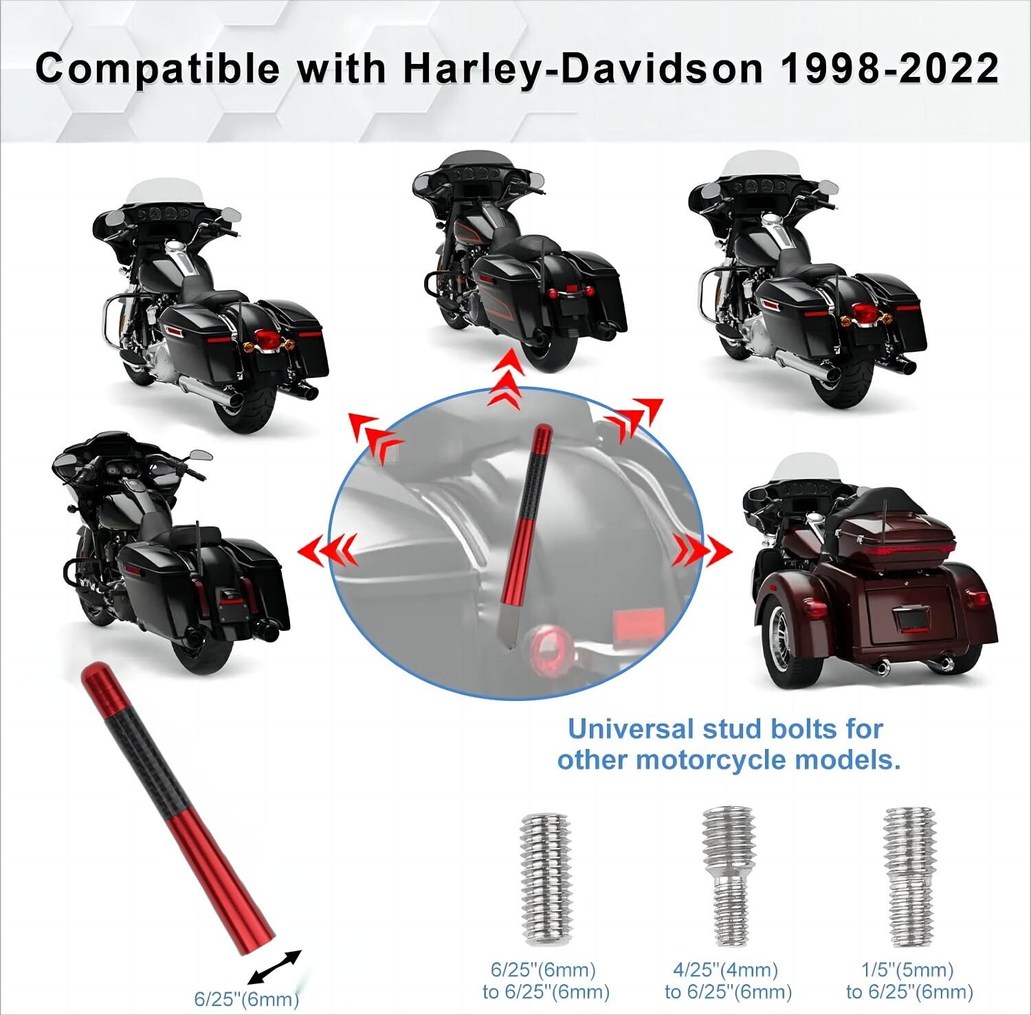 Motorcycle 4.7” Antenna Mast For Harley Davidson Road Street Electra Tour Glide