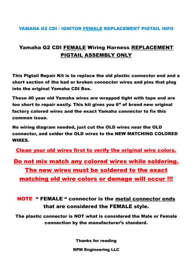 Yamaha G2 J38-82305-20 CDI Ignitor Wiring Repair Pigtail and Connector