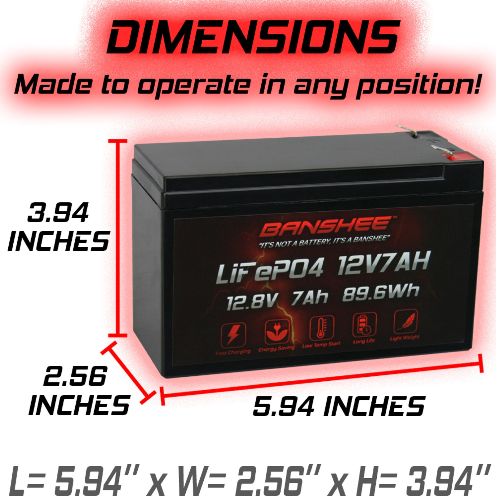 Banshee 12V 7Ah Lithium Battery, F2 Terminals Fits WKA12-7.5F, 5-Year Warranty