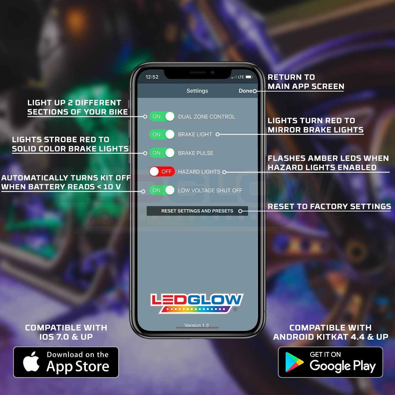 LEDGlow 8pc Bluetooth Million Color LED Motorcycle Light Kit w Smartphone App