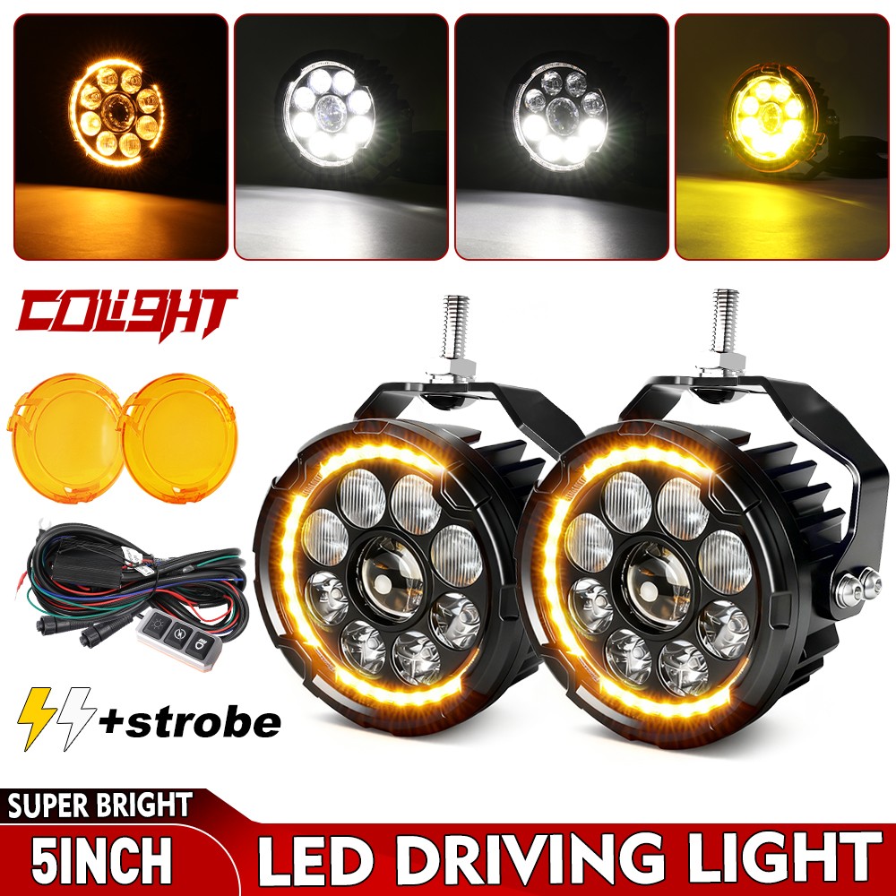 Pair 5”Motorcycle LED Headlight Strobe Yellow White Spot Light Driving Fog Lamp