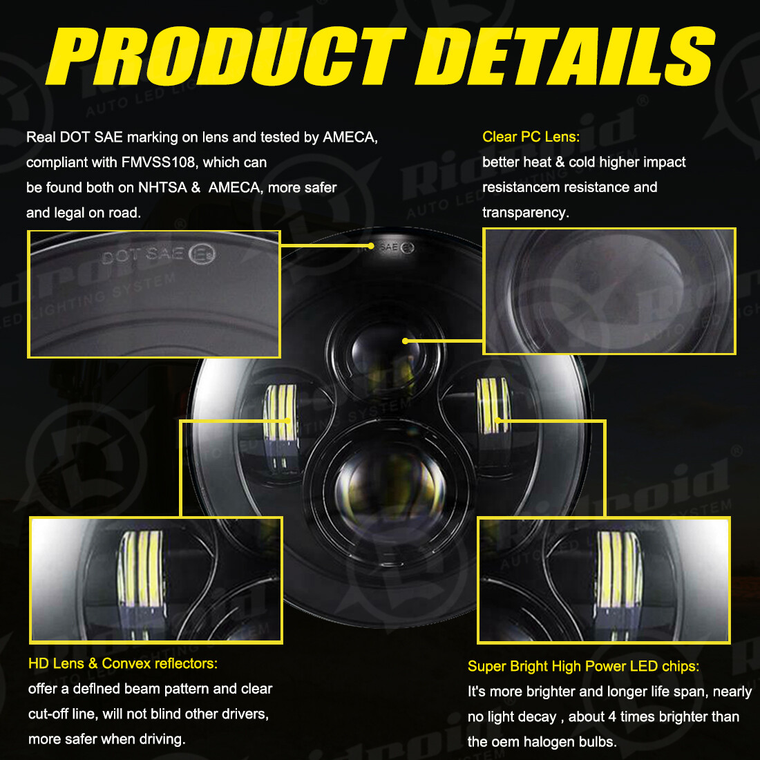 Black 7″ inch LED Headlight High low for Harley-Davidson Honda Yamaha Motorcycle