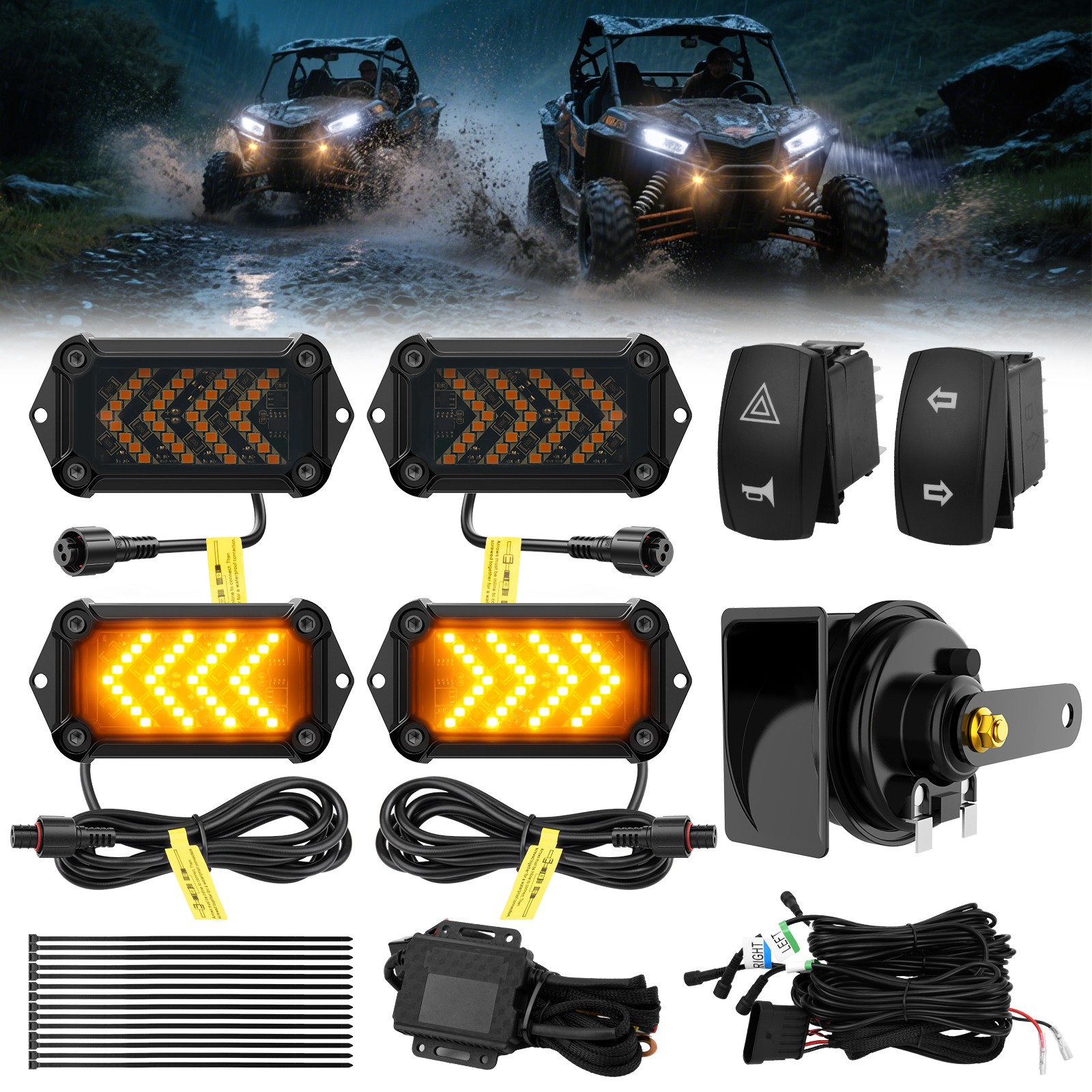 Street-Legal ATV/UTV Turn Signal w/ 110D Horn Triangle LED Blinkers & Switch Kit