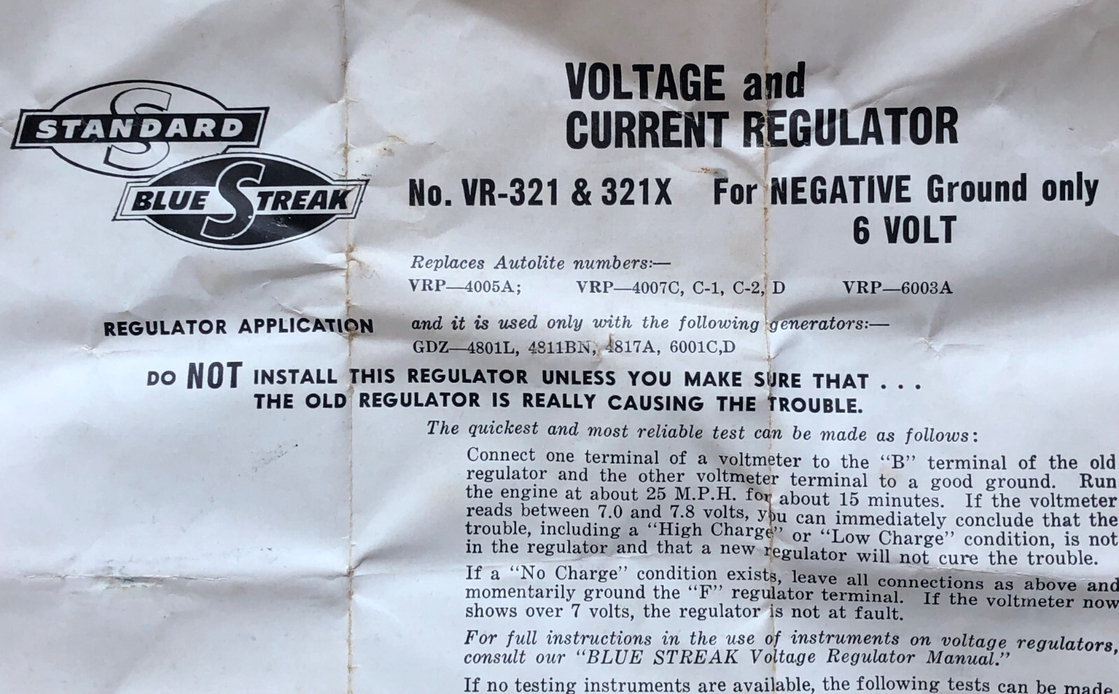 New OEM Blue Streak Voltage regulator VR-321X 6Volts 35AMP (456)