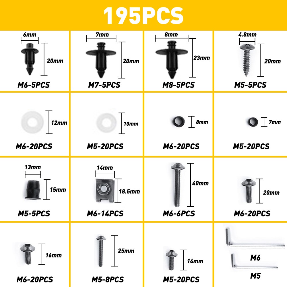 195PCS Motorcycle Complete Bolt Fairing Kit Body Screw Set Accessories Parts