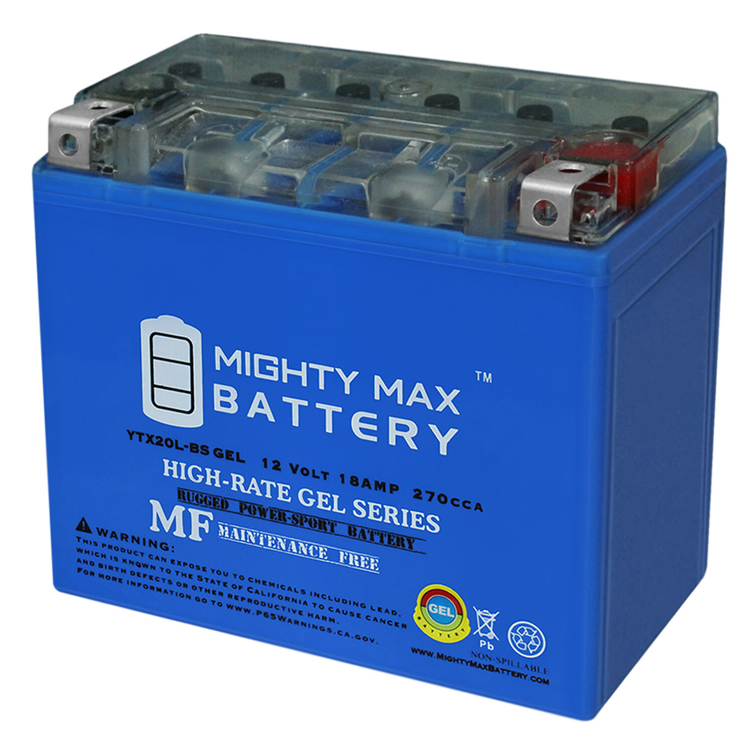Mighty Max YTX20L-BSGEL -12 Volt 18 AH, GEL Type, 270 CCA, Rechargeable Maintena