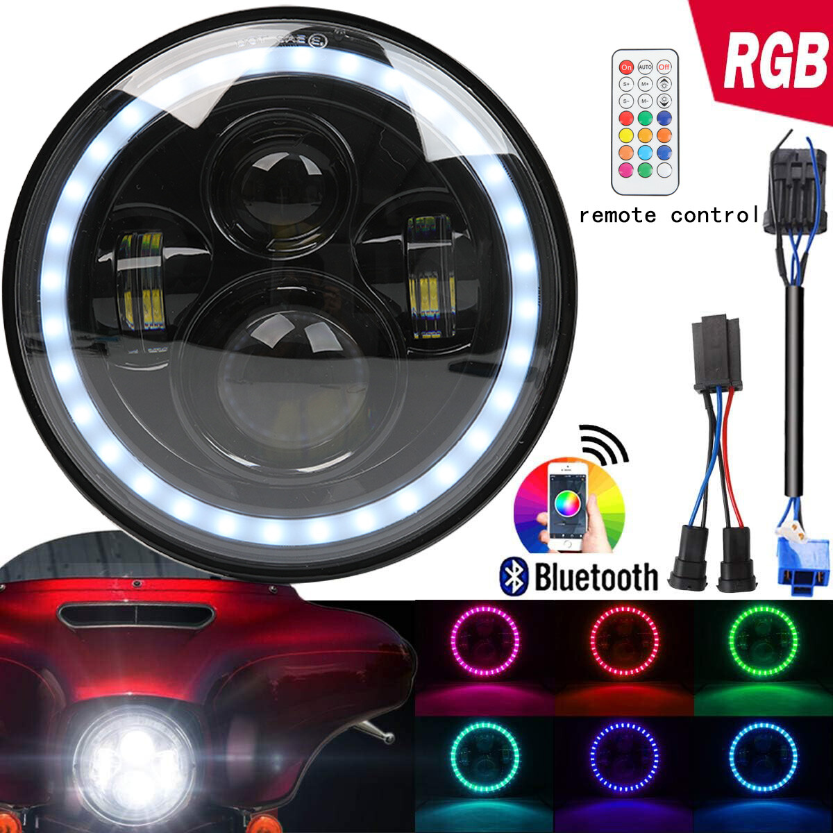 For Harley FHLX Street Glide RGB 7″ LED Projector Headlight App Remote Control