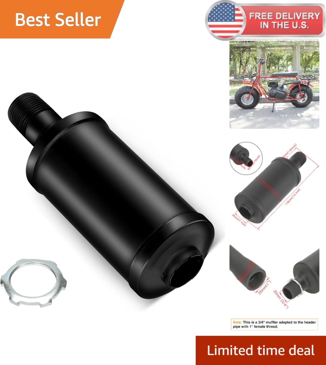 Black Metal Exhaust Muffler – For Go Karts & Mini Bikes – 20/25mm Inlet/Outlet
