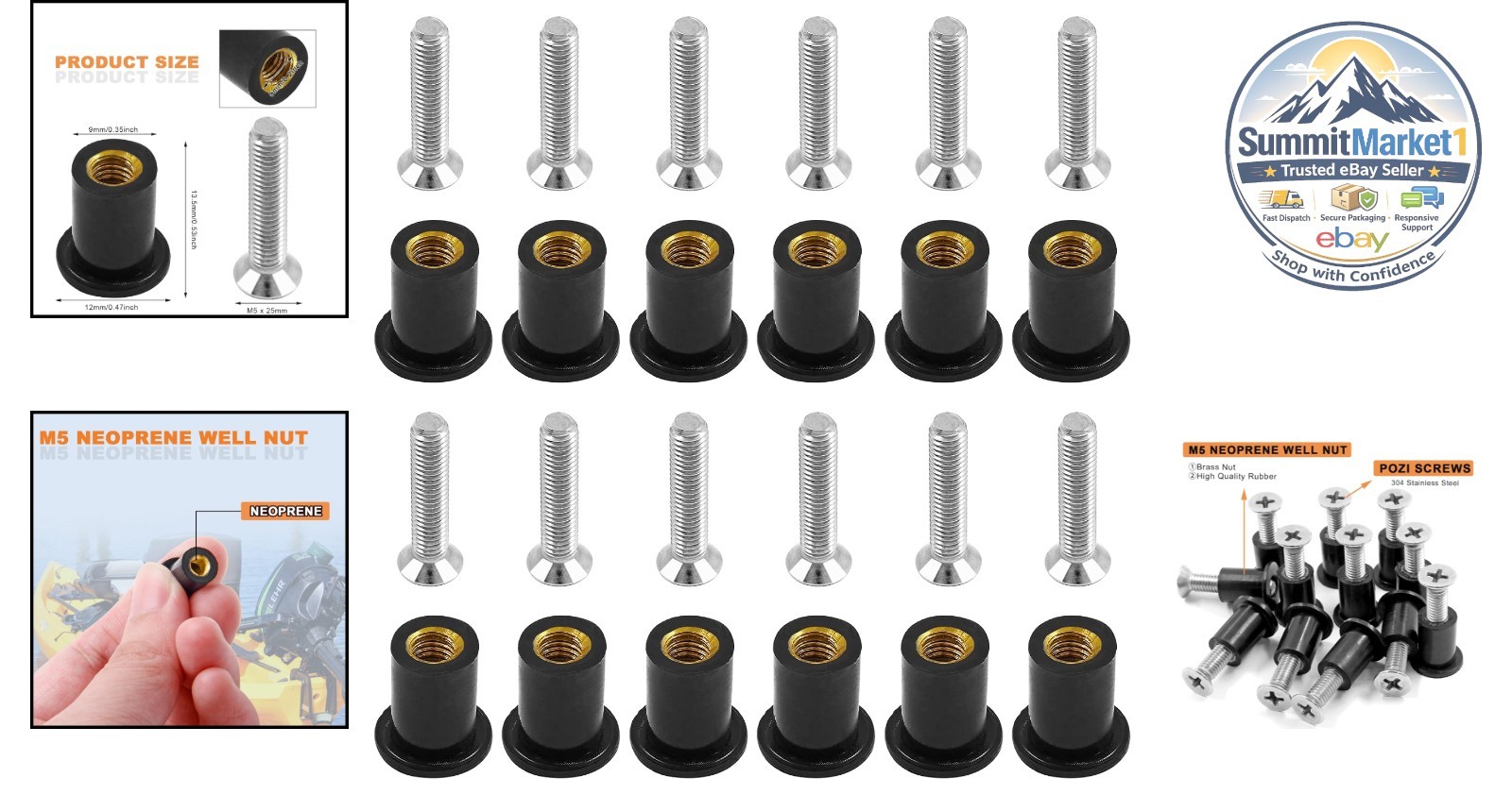 M5 Neoprene Well Nut Kit 12PCS with Stainless Steel Pozi Screw 25mm