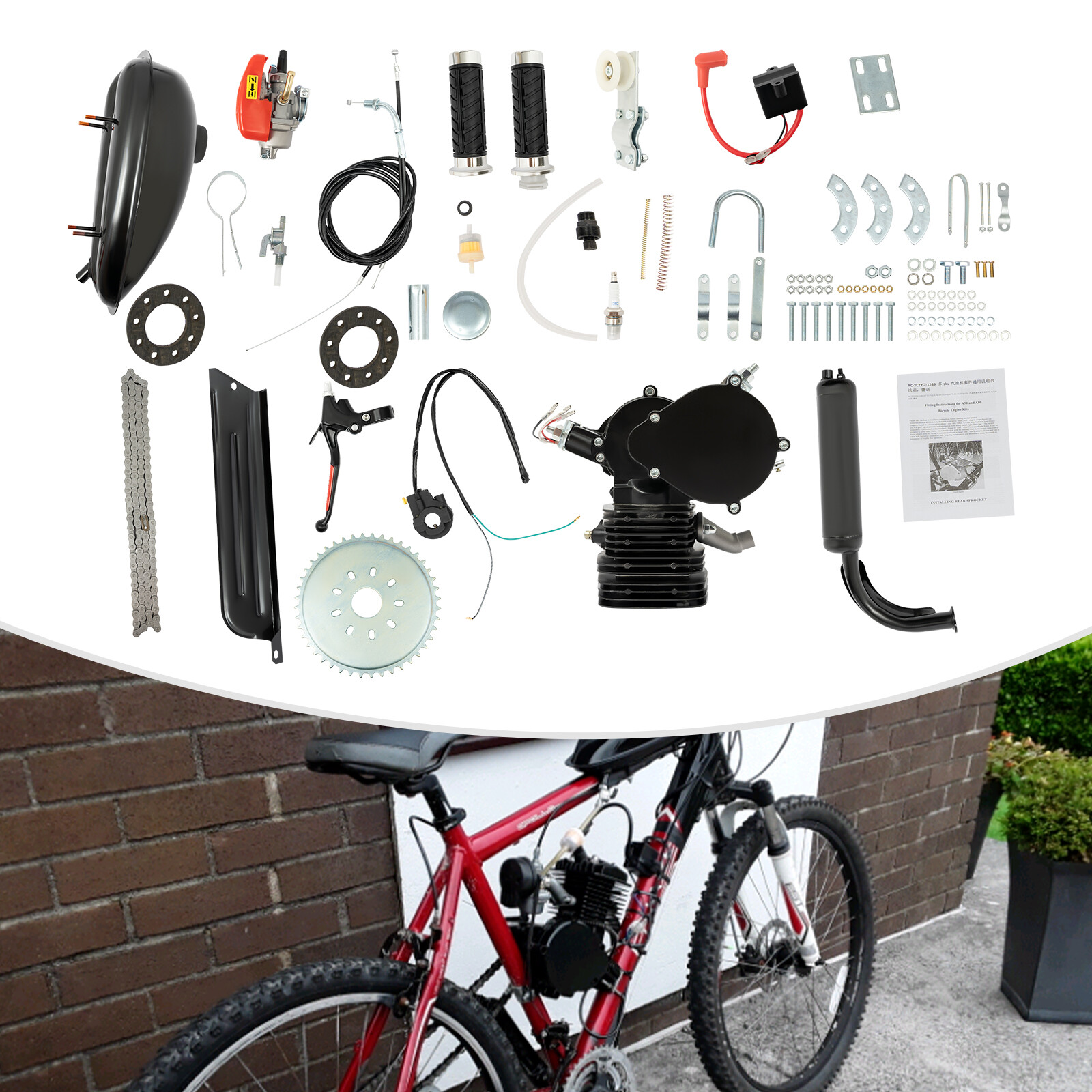 110CC 2-Stroke Complete Bicycle Gasoline Engine Motor Kit Gas Motorized Bike Kit