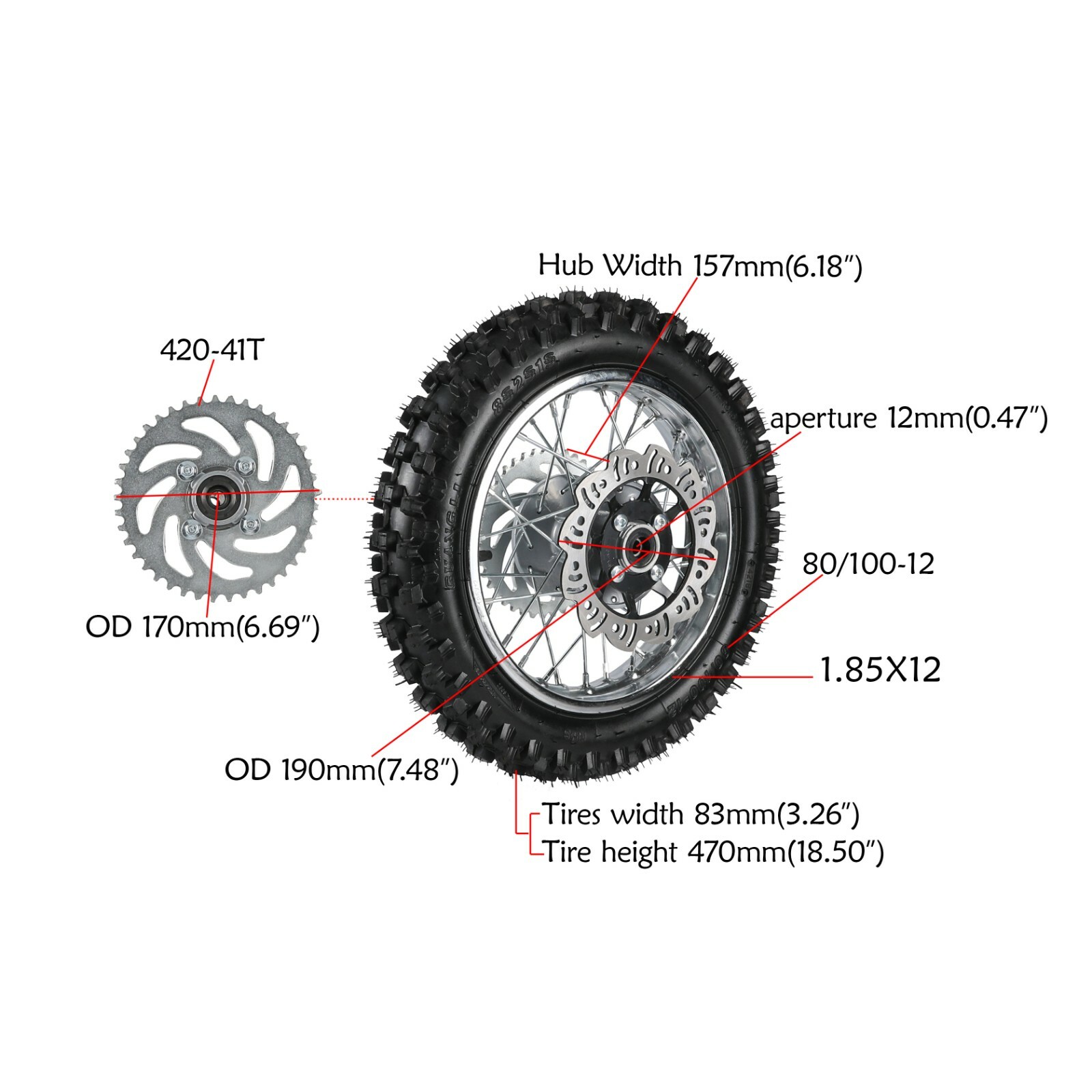 12″ 80/100-12 3.00-12″ Rear Wheel Rim Tire Disc Sprocket Brake Assembly Pit Bike