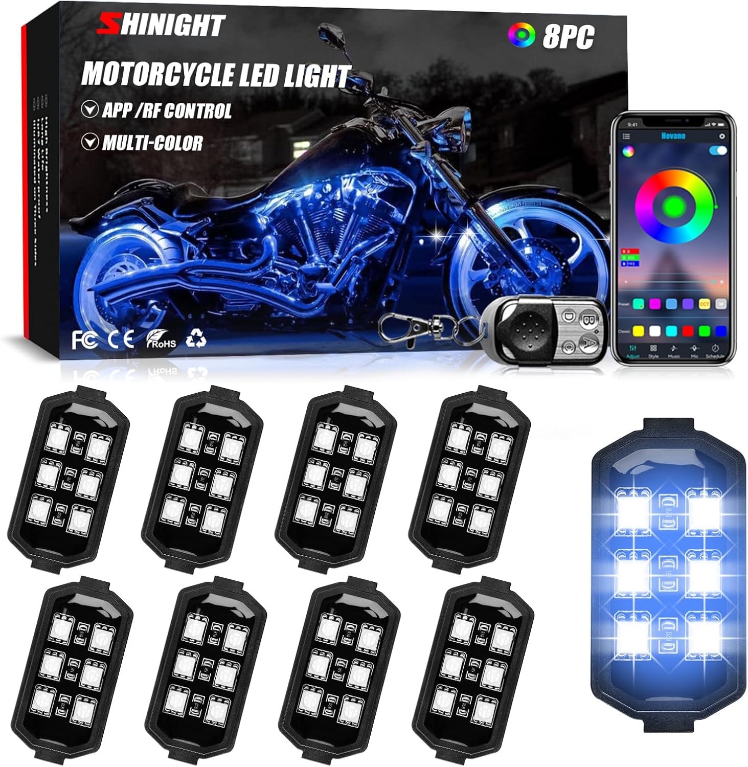 8 Pcs Motorcycle LED Light Kits, App Control Multicolor Waterproof Motorcycle