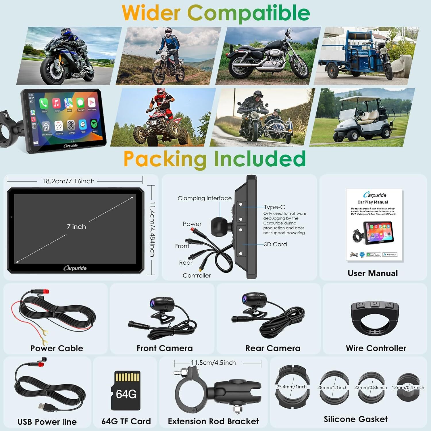 Carpuride W712D Carplay Android Auto Wired Controlle Waterproof Touchscreen GPS