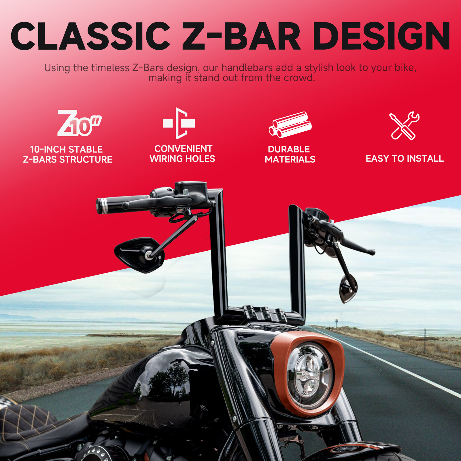 10″ Rise 1″ Ape Hanger Z-Bar Handlerbars For Yamaha V Star XVS 650 950 1100 1300