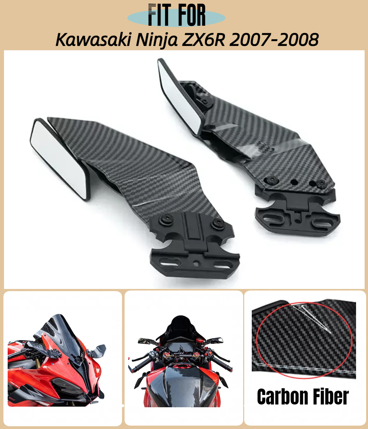 Carbon Fiber Style Wind Wing Rearview Mirrors for Kawasaki Ninja ZX6R 2007 2008