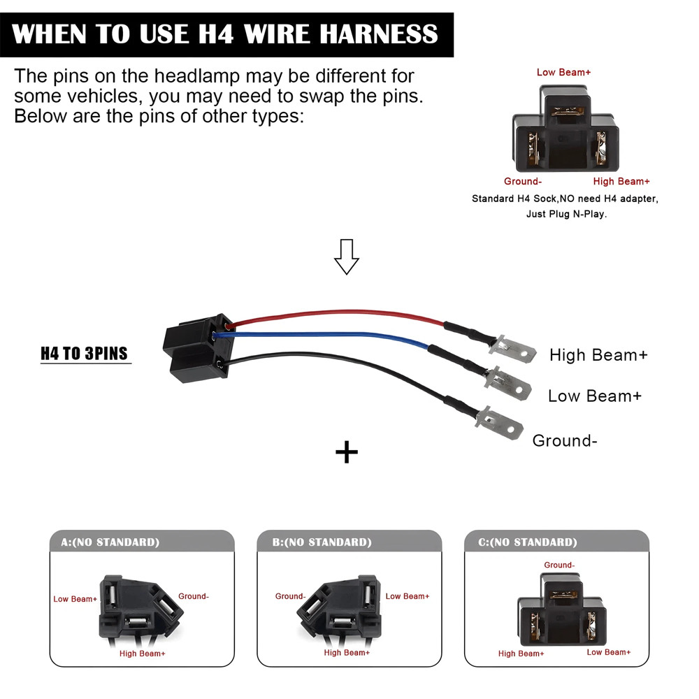 Pair H4 9003 HB2 Adapter Wiring Harness Socket Truck Headlight Converter Cables
