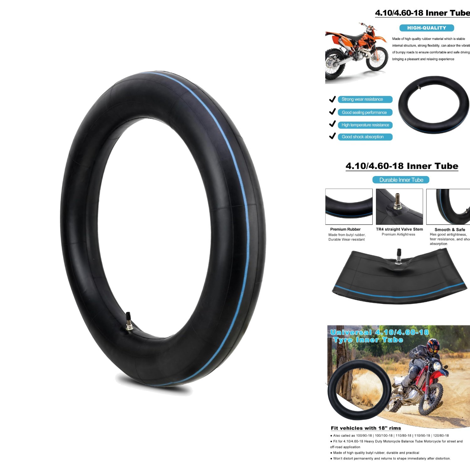 4.10/4.60-18 Motorcycle Inner Tube TR4 Valve Rear Tire Dirt & Street HD -Durable