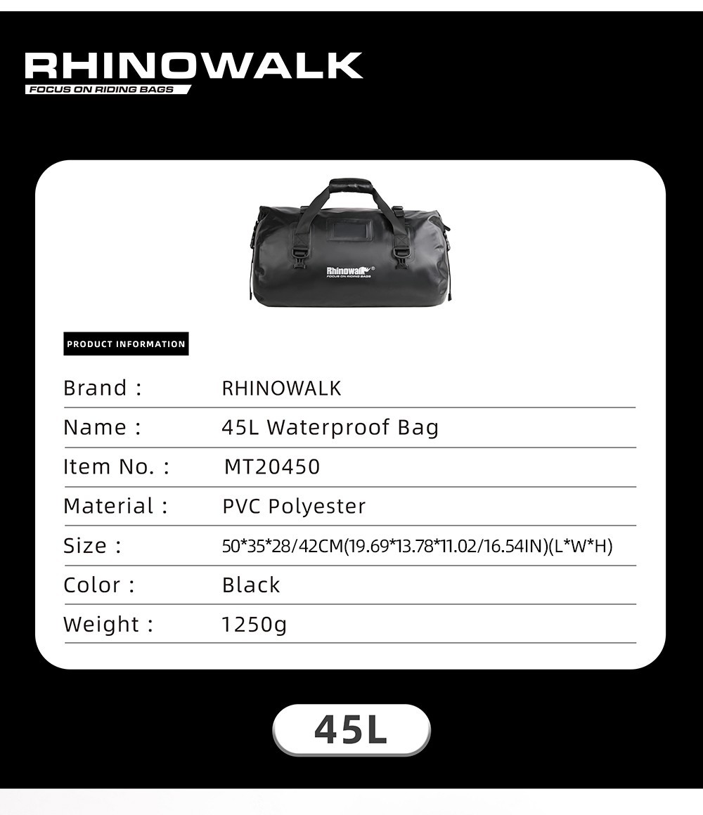 Rhinowalk Motorcycle Bag 45L Waterproof PVC Tail Bag Motorbike Rear Seat Bag