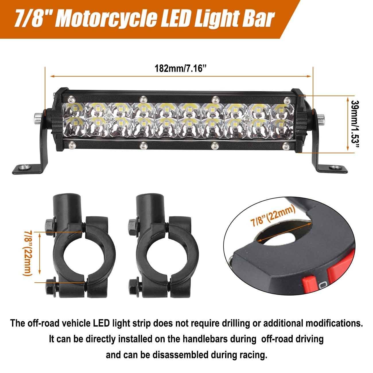 Universal Motorcycle LED Light Bar & Switch Kit for Dirt Bikes, 60W, 7/8″ Handle