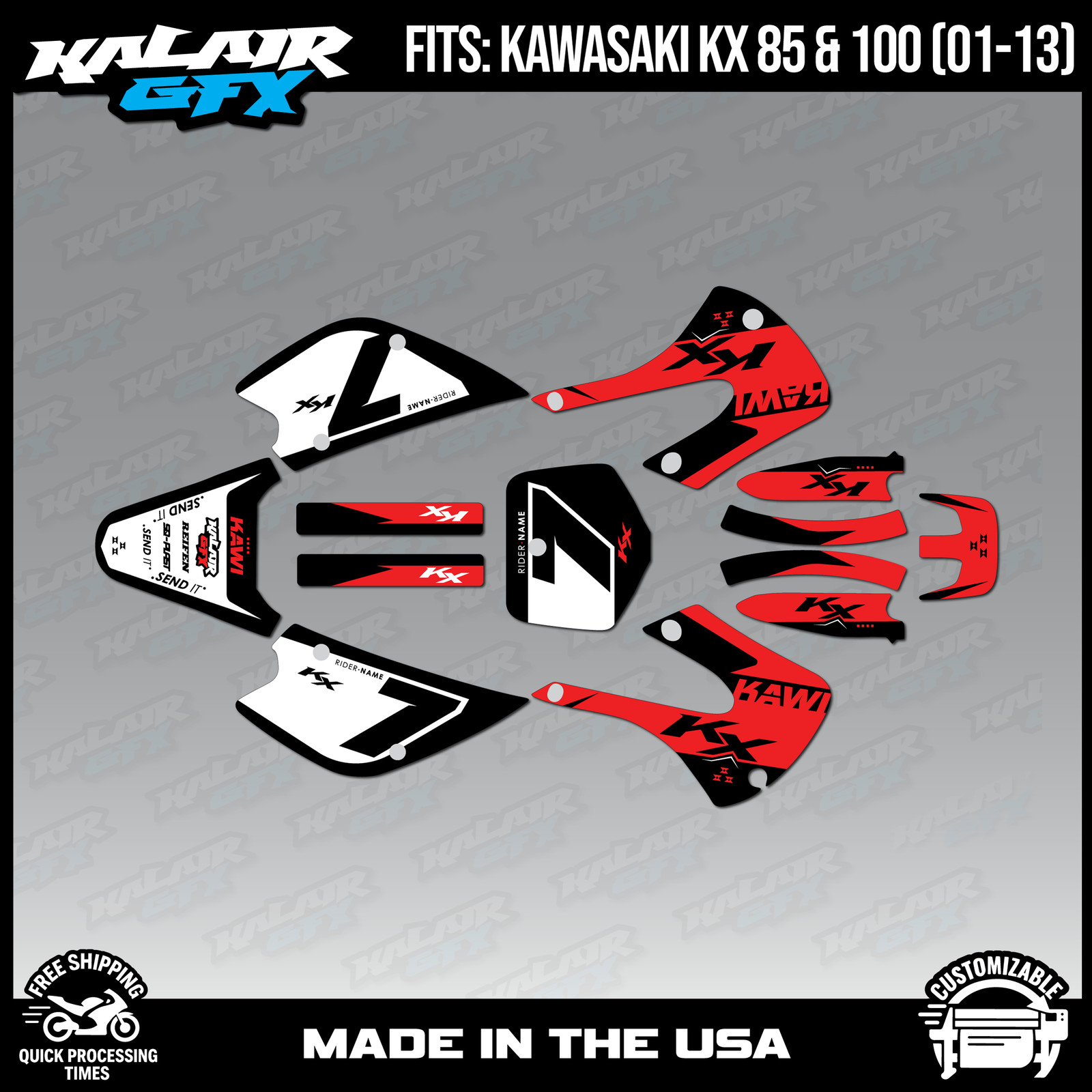 Kalair GFX Graphics Kit for Kawasaki KX85 KX100 (2001-2013) Legend – Red