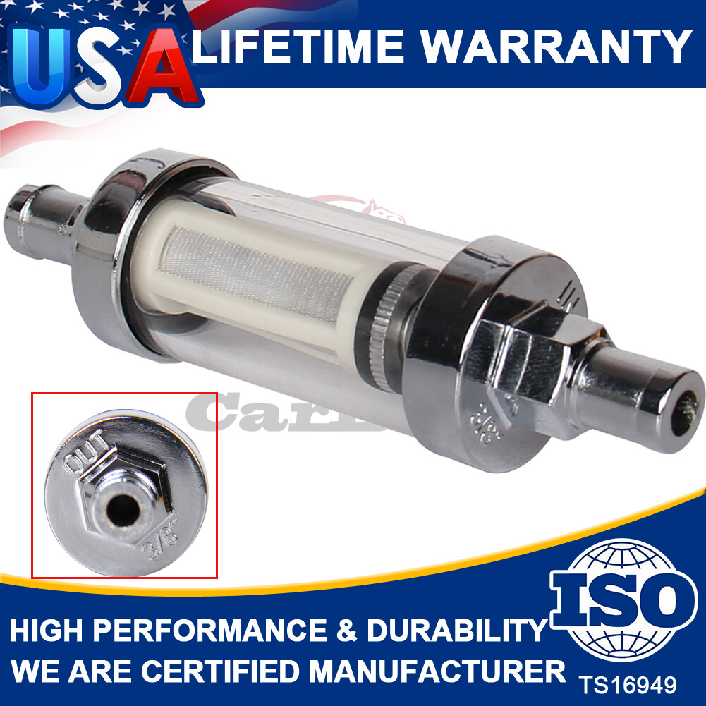 3/8 INCH CLEAR GLASS INLINE FUEL FILTER IN & OUT CHROME PLATED HOSE UNIVERSAL US