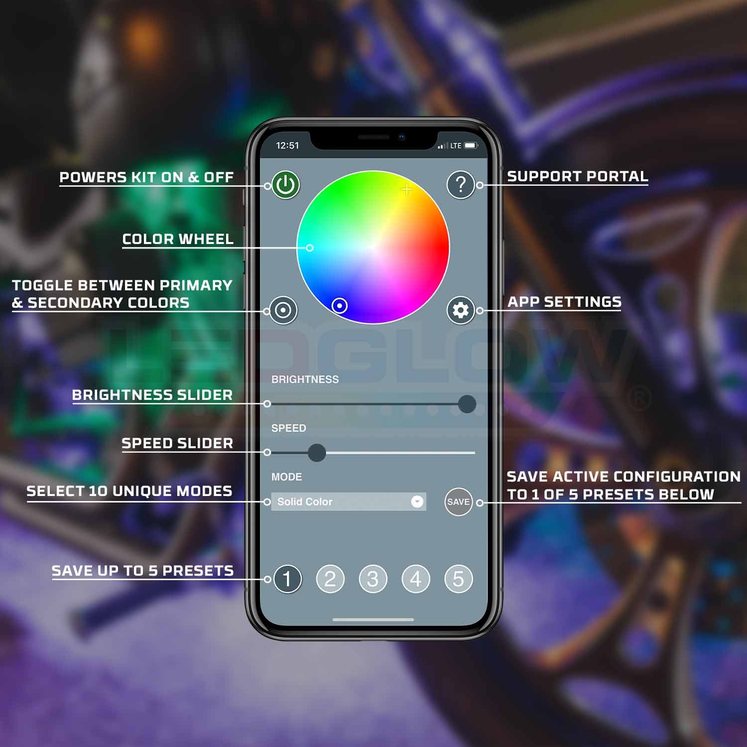 LEDGlow 8pc Bluetooth Million Color LED Motorcycle Light Kit w Smartphone App
