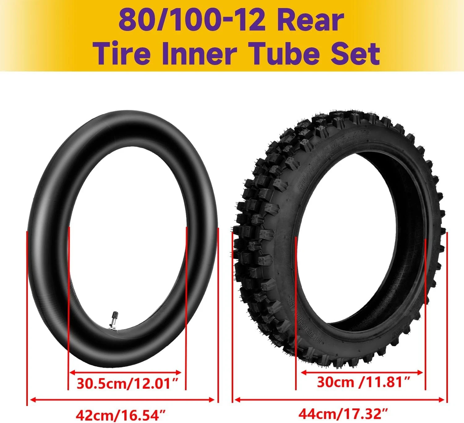 3.00-12 80/100-12 Dirt Bike Rear Tire and Inner Tube Compatible with 90Cc 110Cc