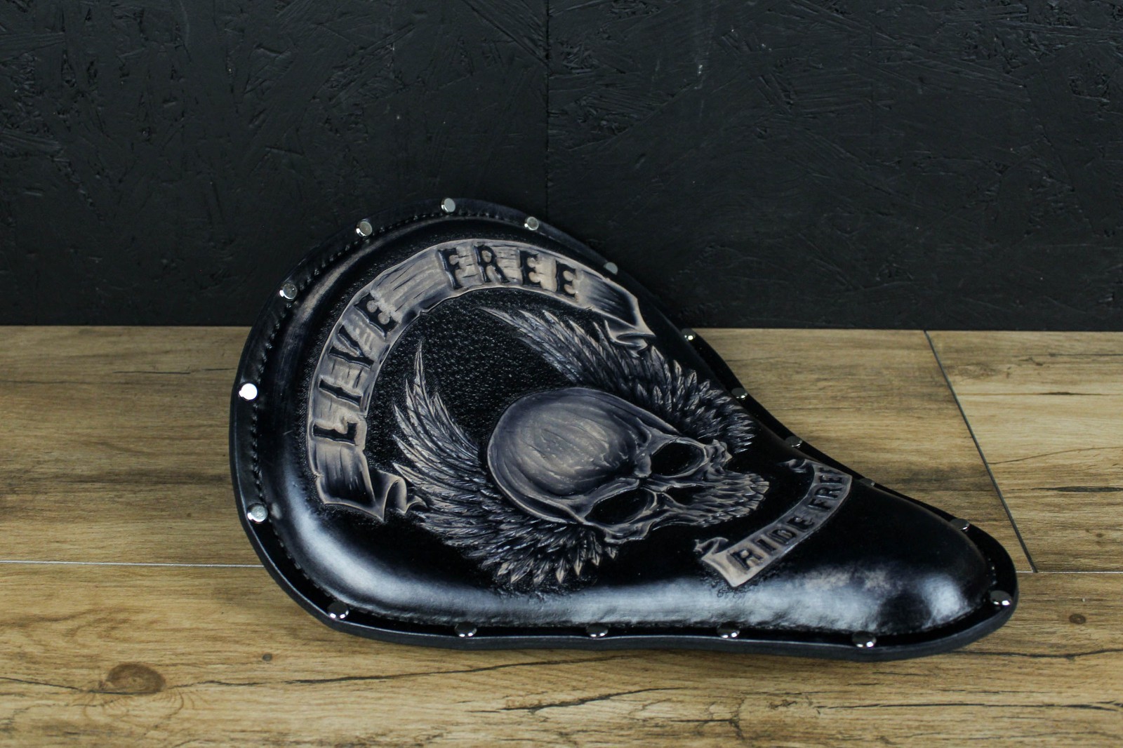 Handmade Leather Motorcycle Solo Seat & Tool Bag Set Skull Custom Chopper Bobber