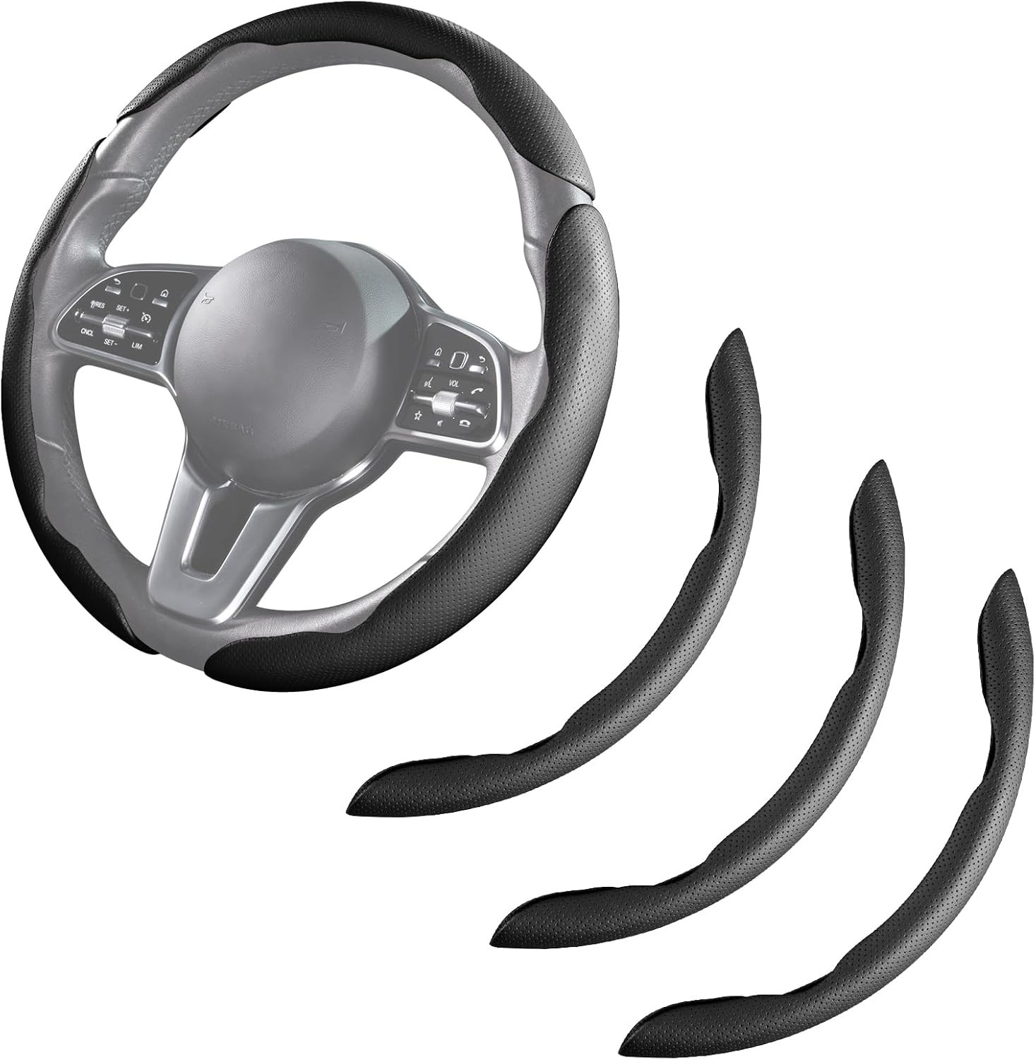 Universal 14.5-15 Inch Leather Steering Wheel Cover Set 3 Black Snap On