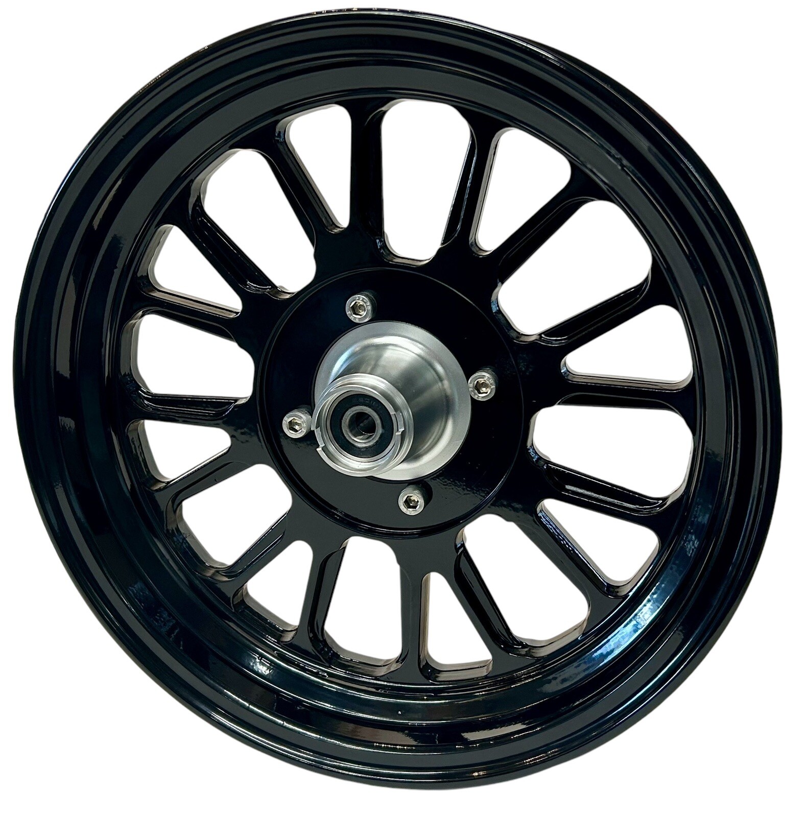 BLEM 12 Inch Aluminum Minibike Front Wheel. 12 mm Bearings. Minor Scratches.