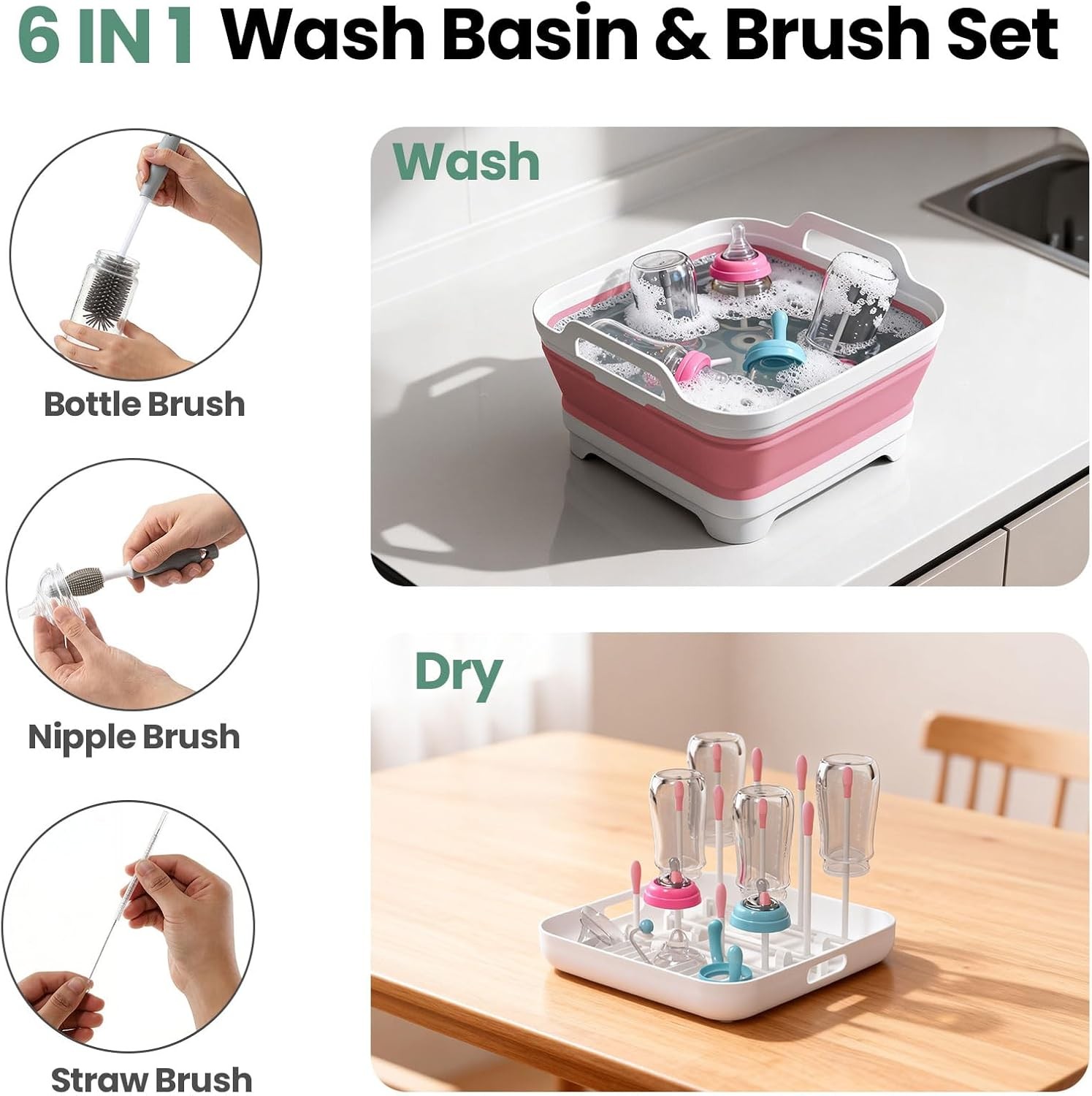 Collapsible Wash Basin Drying Rack Drain Plug, Portable 2.4 Gal FoldaColor: Pink